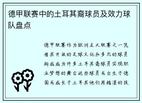 德甲联赛中的土耳其裔球员及效力球队盘点
